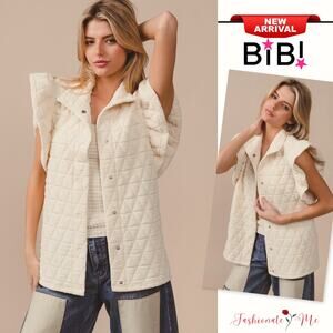 BiBi Diamond Print Ruffle Sleeves Pocket Oversized Quilted Vest Jacket | Oatmeal